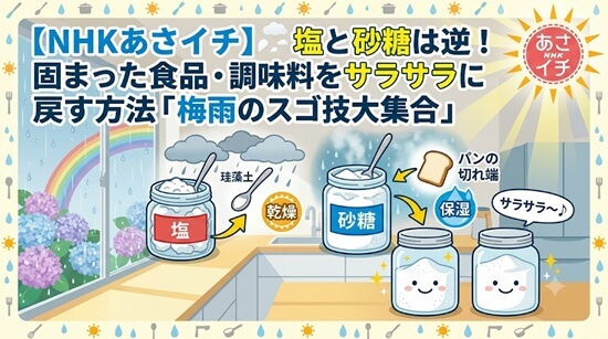 【NHKあさイチ】「梅雨のスゴ技大集合」塩と砂糖は逆!固まった食品・調味料をサラサラに戻す方法