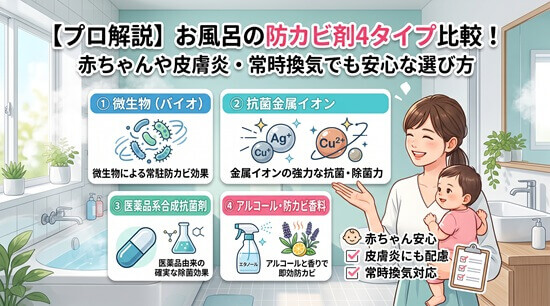 【プロ解説】お風呂の防カビ剤4タイプ比較！赤ちゃんや皮膚炎・常時換気でも安心な選び方